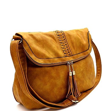 Tassel Woven Accent Large Fold-Over Messenger Hobo