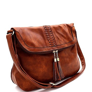 Tassel Woven Accent Large Fold-Over Messenger Hobo