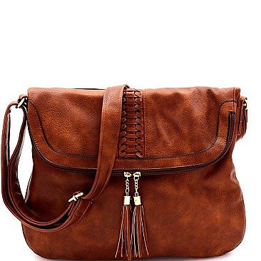 Tassel Woven Accent Large Fold-Over Messenger Hobo
