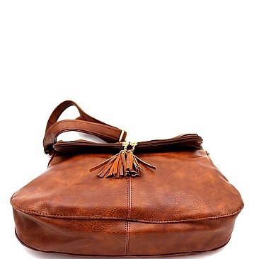 Tassel Woven Accent Large Fold-Over Messenger Hobo