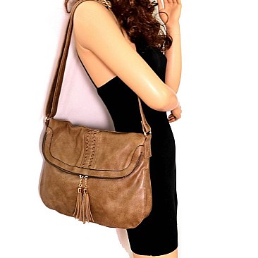 Tassel Woven Accent Large Fold-Over Messenger Hobo