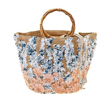 ELEGANT STRAW FLORAL DESIGN TOTE BAG