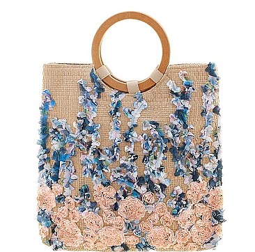 MODERN FASHION STRAW FLORAL DESIGN TOTE BAG