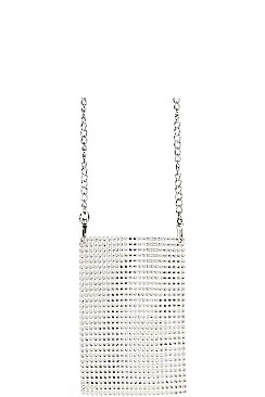 MULTI RHINESTONE SEQUENCE POUCH WITH LONG CHAIN