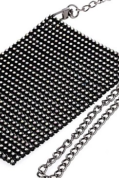 MULTI RHINESTONE SEQUENCE POUCH WITH LONG CHAIN