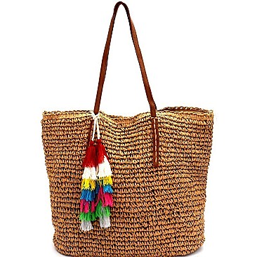 HD2817-LP Multi-colored Thread Tassel Accent 2 Way Straw Tote