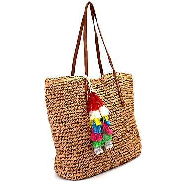 HD2817-LP Multi-colored Thread Tassel Accent 2 Way Straw Tote