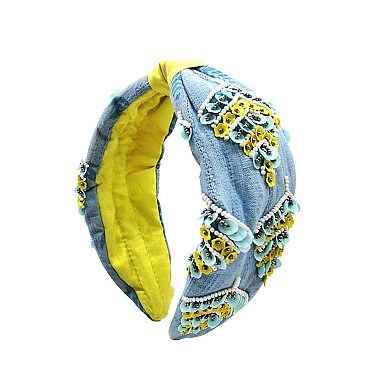 DENIM AND MULTI BEADED ART HEAD BAND
