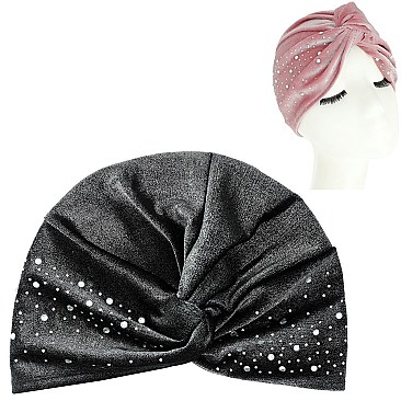 STYLISH CRYSTAL RHINESTONE VELVET SOFT PRE TIED KNOT PLEATED TURBAN