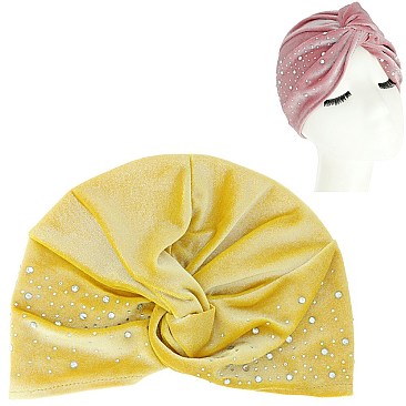 STYLISH CRYSTAL RHINESTONE VELVET SOFT PRE TIED KNOT PLEATED TURBAN