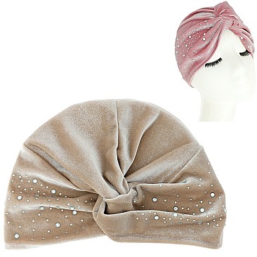 STYLISH CRYSTAL RHINESTONE VELVET SOFT PRE TIED KNOT PLEATED TURBAN