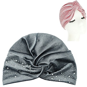 STYLISH CRYSTAL RHINESTONE VELVET SOFT PRE TIED KNOT PLEATED TURBAN