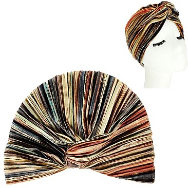 Soft Velvetty Colorful Stripe Pre Tied Knot Pleated Turban