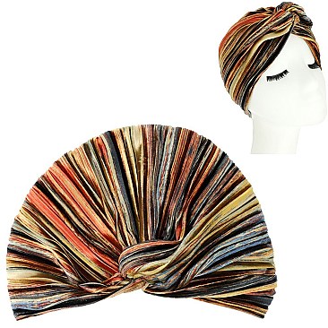 Soft Velvetty Colorful Stripe Pre Tied Knot Pleated Turban
