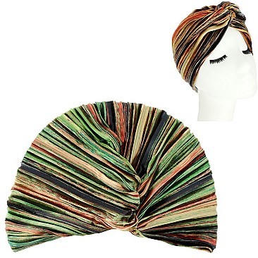 Soft Velvetty Colorful Stripe Pre Tied Knot Pleated Turban