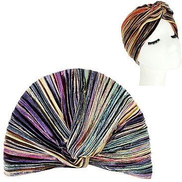 Soft Velvetty Colorful Stripe Pre Tied Knot Pleated Turban