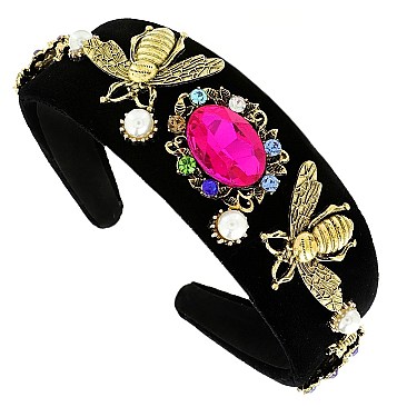 ALLURING VINTAGE BEE FUCHSIA STONE & PEARL HEADBAND