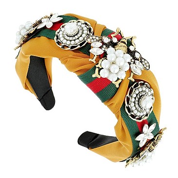 TRENDY BUMBLE BEE FLORAL STONE PEARL GREEN RED STRIPE KNOTTED HEADBAND
