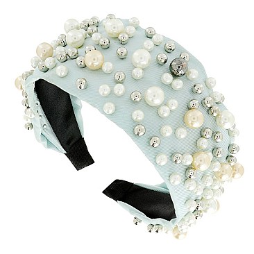 FASHIONABLE MULTI SIZE PEARL METAL BALL STUDDED WIDE HEADBAND