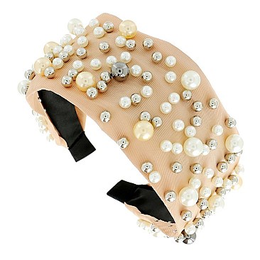 FASHIONABLE MULTI SIZE PEARL METAL BALL STUDDED WIDE HEADBAND