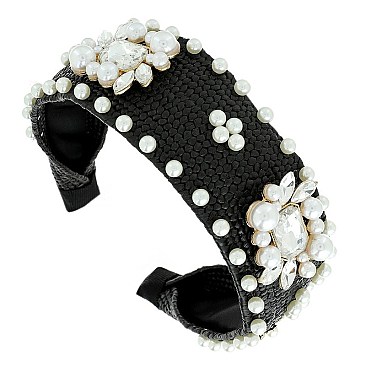 TRENDY FASHION PEARL STRAW WOVEN HEADBAND