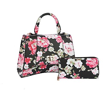 Flower Printed Twist Lock Flap 2-in-1 Satchel Set