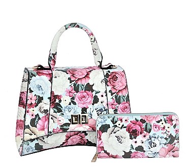 Flower Printed Twist Lock Flap 2-in-1 Satchel Set