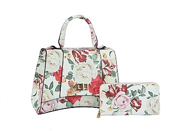 Flower Printed Twist Lock Flap 2-in-1 Satchel Set