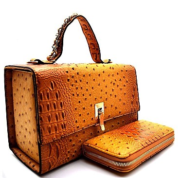 Ostrich Skin Flip-lock Box Satchel SET With Wallet