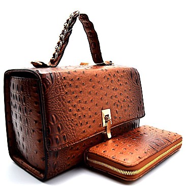 Ostrich Skin Flip-lock Box Satchel SET With Wallet