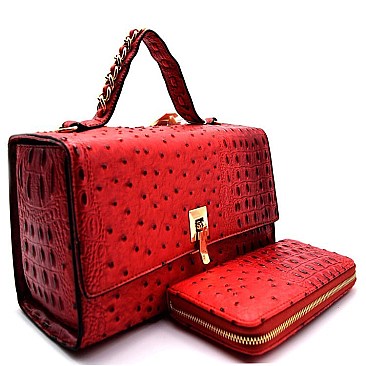 Ostrich Skin Flip-lock Box Satchel SET With Wallet