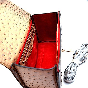 Ostrich Skin Flip-lock Box Satchel SET With Wallet