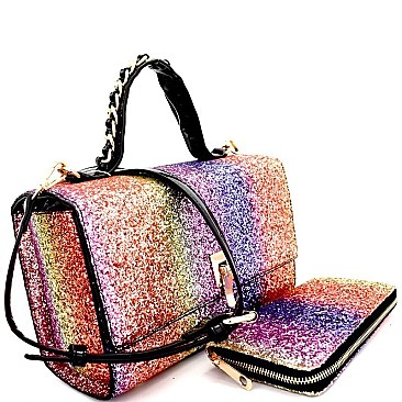 HG0052-LP Multi-colored Glitter Embellished Dressy Satchel Wallet SET