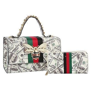 100 Dollar Bills C-Notes Queen Bee Stripe 2-in-1 Boxy Satchel