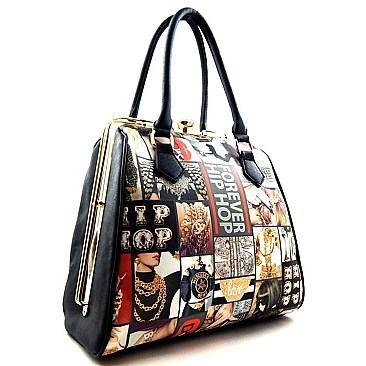 Magazine Print Diamond-top & Metal Frame Satchel