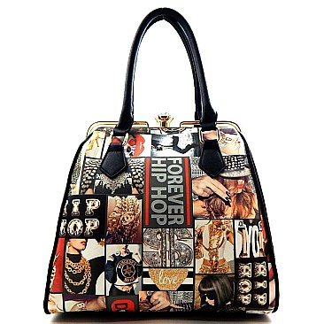 Magazine Print Diamond-top & Metal Frame Satchel