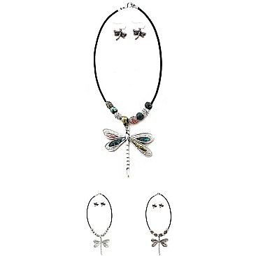 Stylish Metal Bead Embellished Dragonfly Pendant Necklace Set MH-HNE2129