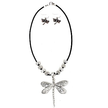 Stylish Metal Bead Embellished Dragonfly Pendant Necklace Set MH-HNE2129