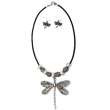 Stylish Metal Bead Embellished Dragonfly Pendant Necklace Set MH-HNE2129