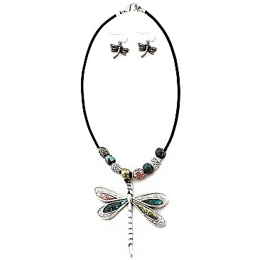 Stylish Metal Bead Embellished Dragonfly Pendant Necklace Set MH-HNE2129
