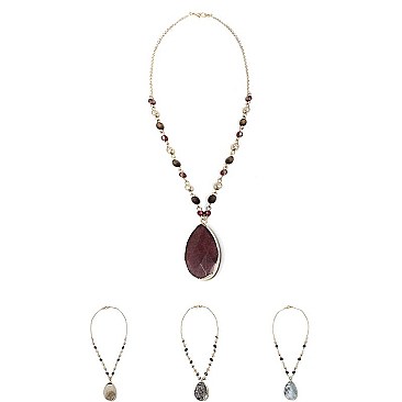 Fancy Stone Pendant Wood Metal Bead Necklace MH-HNE3041