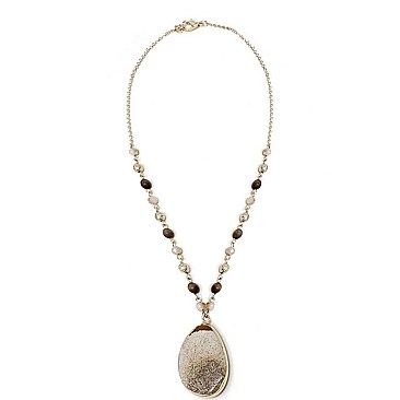 Fancy Stone Pendant Wood Metal Bead Necklace MH-HNE3041