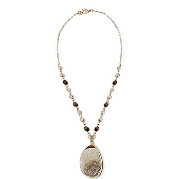 Fancy Stone Pendant Wood Metal Bead Necklace MH-HNE3041