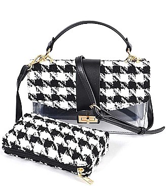 2 IN 1 TWEED HOUNDSTOOTH CLEAR BAG CLUTCH SET