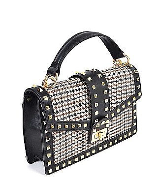 FASHION HOUNDSTOOTH FABRIC STUDDED CLUTCH BAG
