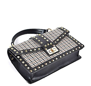 FASHION HOUNDSTOOTH FABRIC STUDDED CLUTCH BAG