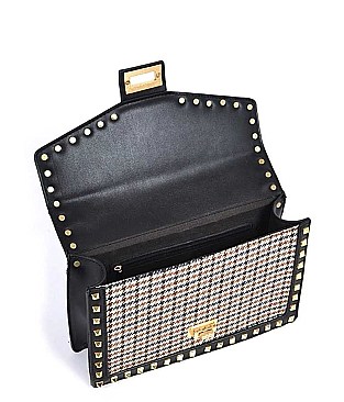 FASHION HOUNDSTOOTH FABRIC STUDDED CLUTCH BAG