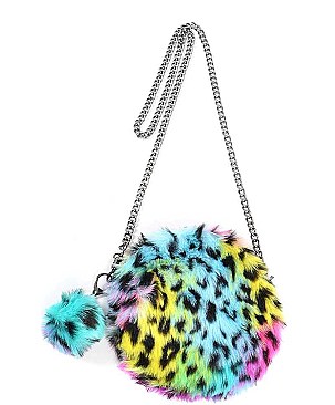 MULTI LEOPARD FAUX FUR ROUND CLUTCH