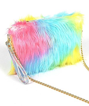 FAUX FUR MULTICOLOR WRIST BAND POUCH BAG