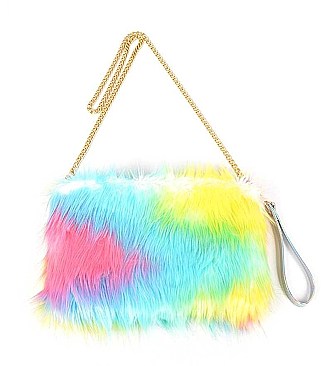 FAUX FUR MULTICOLOR WRIST BAND POUCH BAG
